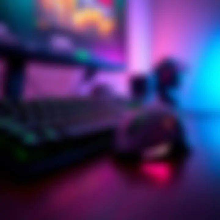 A close-up view of a gaming mouse and keyboard on a desk with colorful lights
