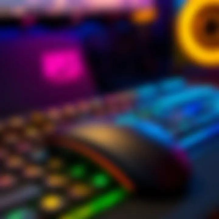 A close-up view of a gaming mouse and keyboard with colorful backlighting, ready for playing Apex Legends.
