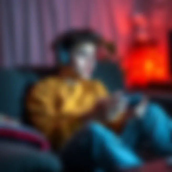 Person gaming on a couch A young adult playing video games on a couch with snacks nearby, looking focused and relaxed