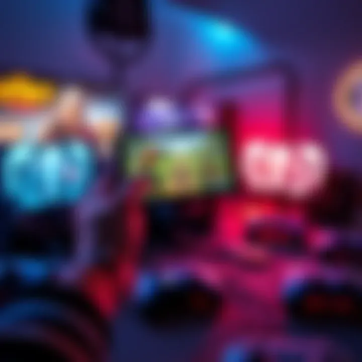 A person holding a gaming device with a screen showing a game in action, surrounded by various game titles and controllers.