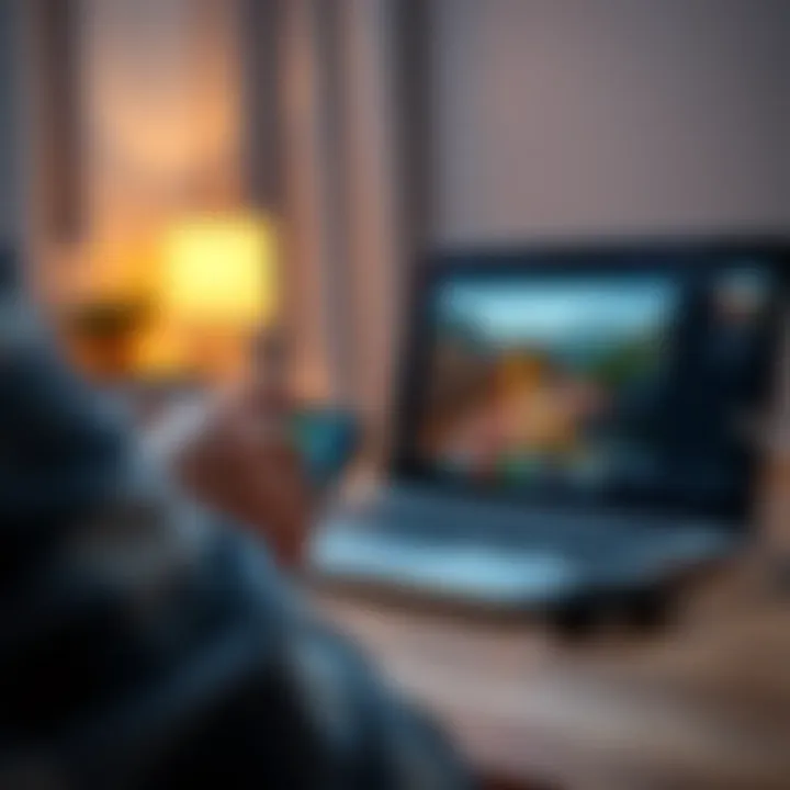 Playing games on iPhone Person playing a video game on an iPhone while a broken laptop sits nearby