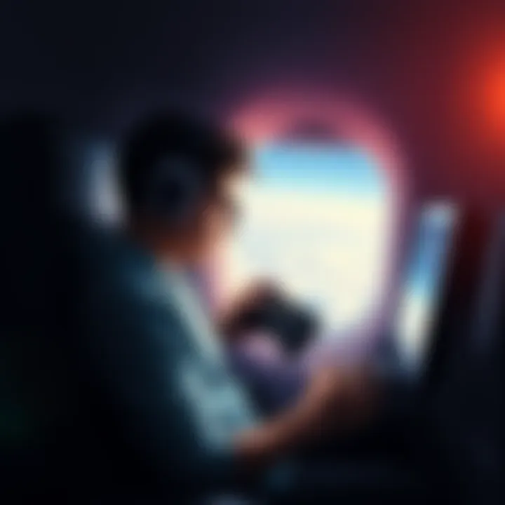 A gamer playing a handheld console during a flight, with a view of clouds outside the window