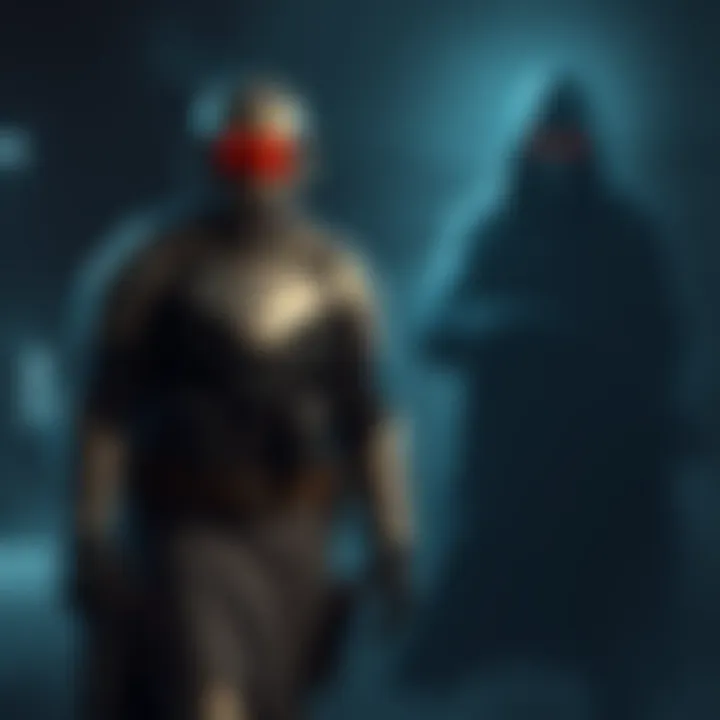 A character in video game armor stands next to a shadowy figure with a weapon, highlighting the moral debate of teaming up with a killer in virtual worlds.