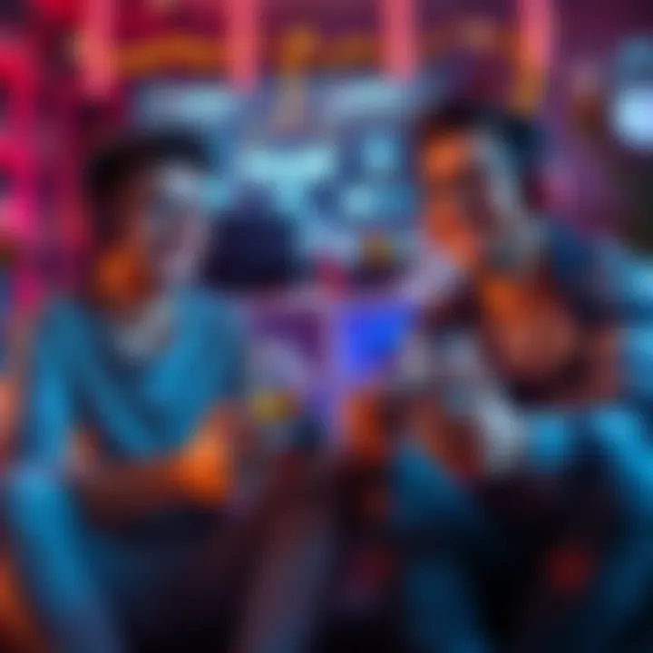 Two people sitting together with gaming controllers, smiling and engaged in gameplay, surrounded by snacks and drinks.