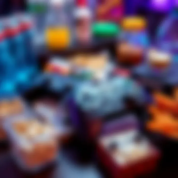 A gaming party setup showing a malfunctioning controller with stick drift next to a broken headset port controller, surrounded by snacks and drinks.