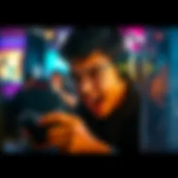 A focused gamer intensely playing a video game, showing determination and excitement on their face.