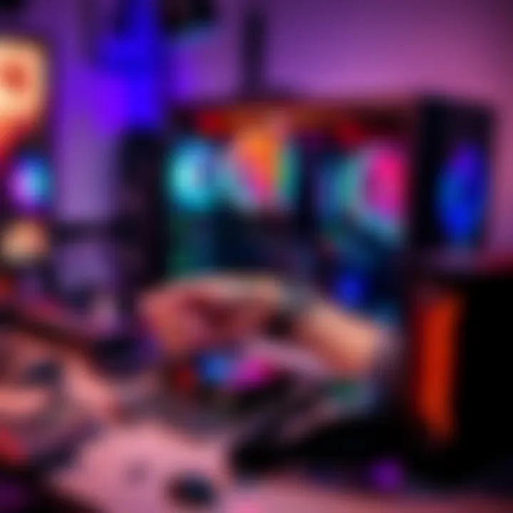 A person assembling parts of a gaming PC on a desk, with components spread out, including a motherboard, graphics card, and power supply.