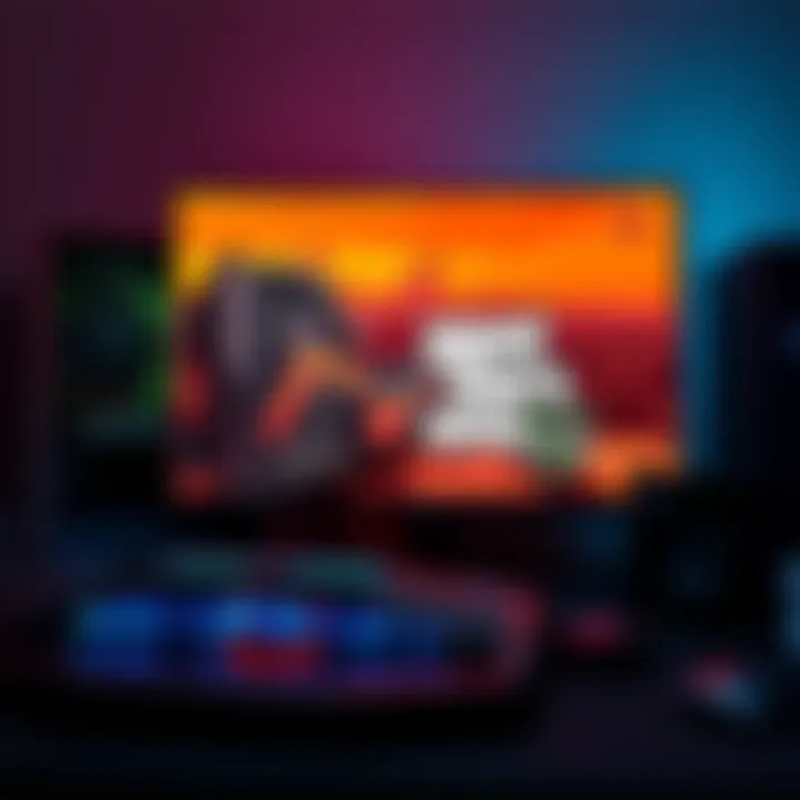 A high-end gaming PC setup showcasing graphics card, motherboard, and processor with a 4K monitor displaying GTA VI