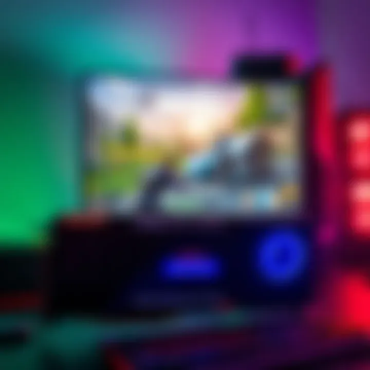 Gaming PC with DirectX12 and Performance Mode A gaming setup showing a PC with a graphics card labeled MSI RTX 5070, displaying Fortnite gameplay with options for DirectX12 and Performance Mode, highlighting FPS stability.