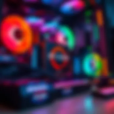 Gaming PC with Ryzen 7 Processor A close-up view of a gaming PC setup featuring a Ryzen 7 8700f processor, colorful LED lights, and gaming peripherals.