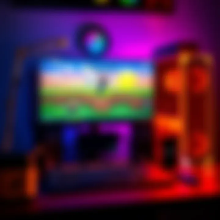 A gaming PC with colorful LED lights and a high-resolution monitor showing Minecraft gameplay