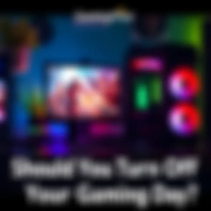 A gaming PC with colorful lights and a monitor displaying a game, showing a person contemplating whether to shut it down or keep it running.