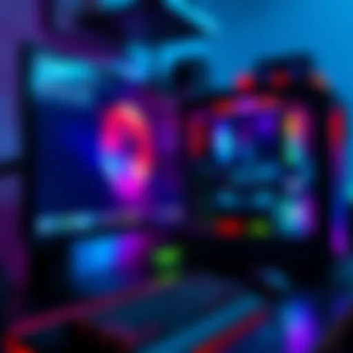 A close-up view of a gaming PC setup with a monitor, keyboard, and colorful lighting.