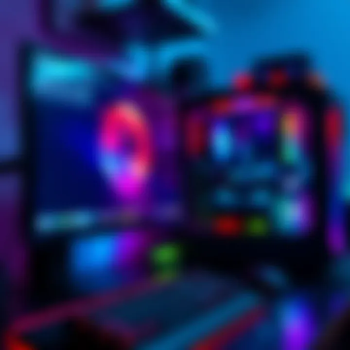 A close-up view of a gaming PC setup with a monitor, keyboard, and colorful lighting.