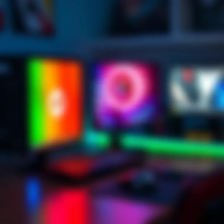 A gaming PC setup with a colorful gaming monitor, keyboard, and mouse on a desk.