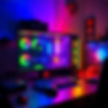 A high-end gaming PC with colorful lights and gaming accessories on a desk