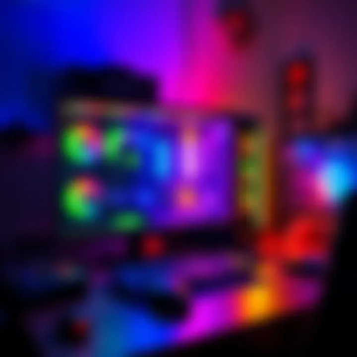 A high-end gaming PC with colorful lights and gaming accessories on a desk