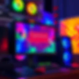 A gaming PC with colorful lights and a monitor displaying a game crash error message