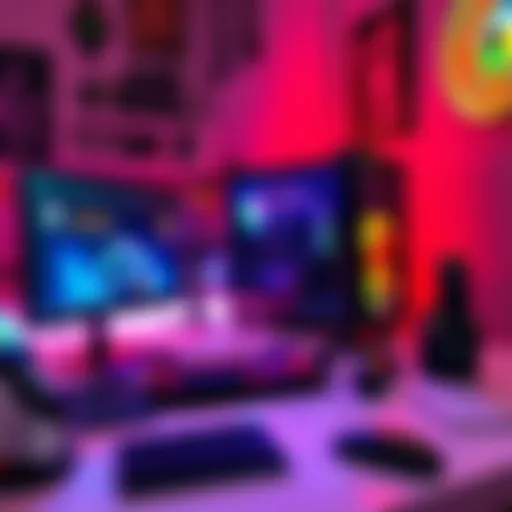 Gaming PC setup A modern gaming PC with RGB lights, a monitor, and gaming accessories on a desk