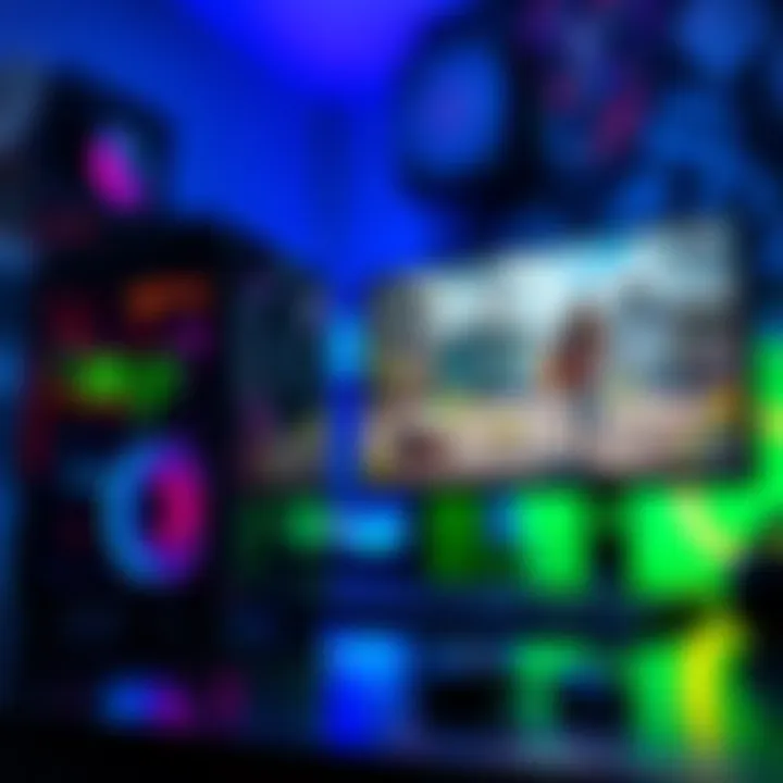 A high-performance gaming PC setup showing a sleek desktop tower and dual monitors displaying vibrant game graphics, ideal for 165 FPS gameplay.