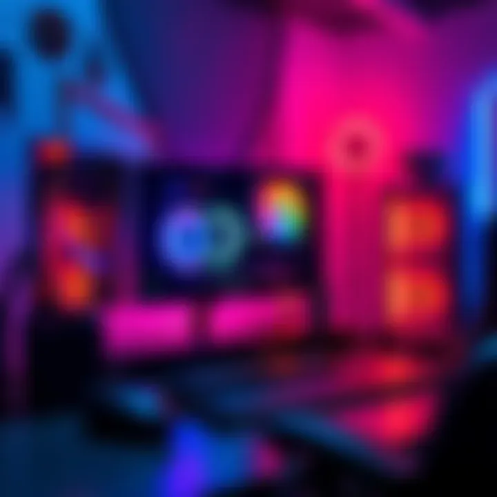 A modern gaming PC with high-end graphics, a large monitor, and colorful LED lighting, showcasing its powerful capabilities.