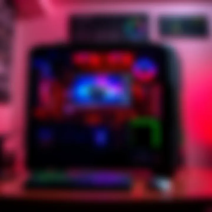 A powerful gaming PC setup with a gaming monitor displaying video editing software, showing a transition from gaming to editing.