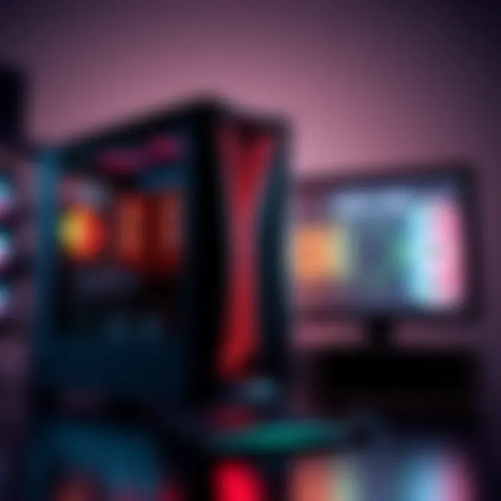 A comparison image showing a gaming PC setup next to a modern real-world computer, highlighting design differences and technology