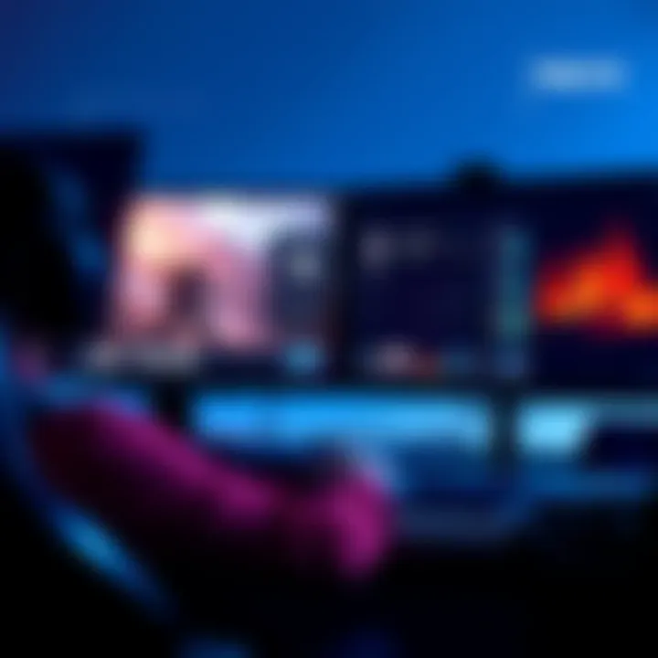 A player adjusting in-game settings to improve frame rate performance on a gaming setup with multiple monitors.