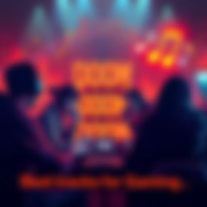 People sharing their favorite gaming tracks while playing Doom, with music notes and headphones in the background.