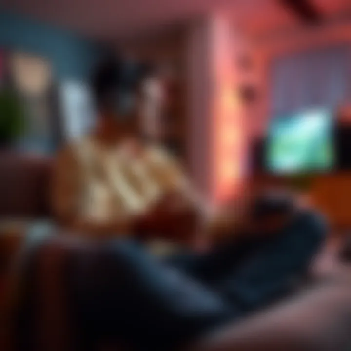 A person sitting comfortably with a controller in hand, wearing headphones and focused on a video game, surrounded by a cozy environment