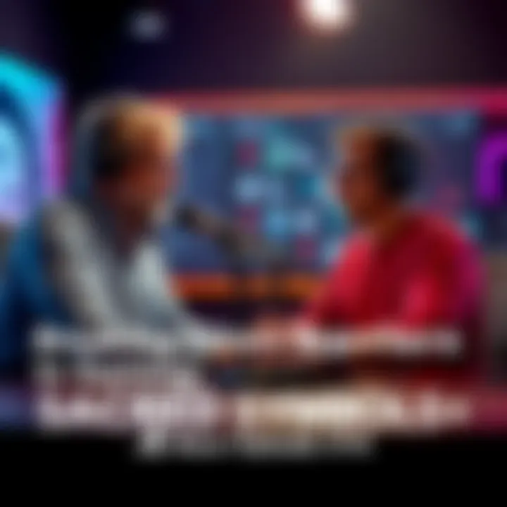 Two podcast hosts discussing gaming news with microphones and headphones in a studio setting