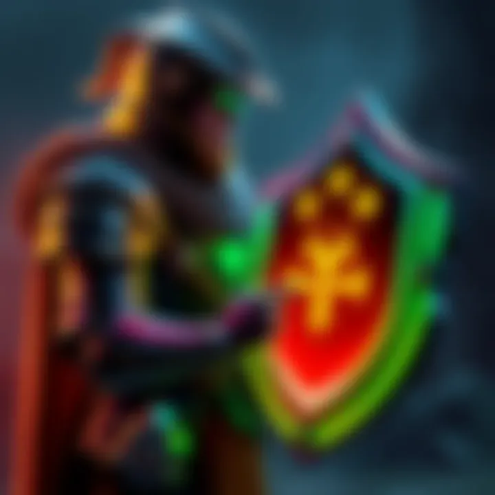 A character in armor studying a glowing shield with symbols, representing magic and physical damage protection in gaming.
