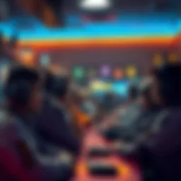 Gaming Pub Lobby A group of players in a gaming lobby, some looking frustrated while others chat, indicating the debate about public lobbies versus ranked matches.