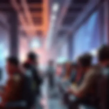 A group of gamers in a waiting area, discussing strategies as they prepare for an online match.