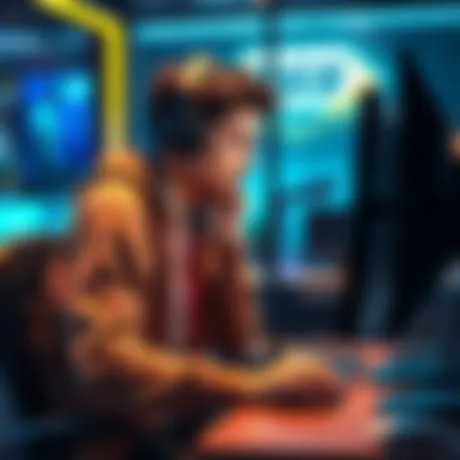 A frustrated gamer sitting at their computer, staring at the screen, showing a rank drop from Plat 5 to Silver 1 after losing games.