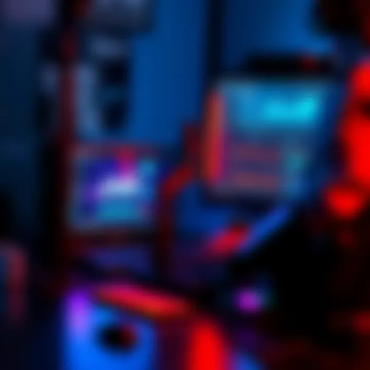 A gamer adjusting raytracing settings on a high-end PC with a bright screen displaying graphics performance metrics
