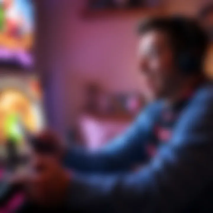Individual intensely playing a video game, surrounded by game controllers and snacks, expressing relief and enjoyment