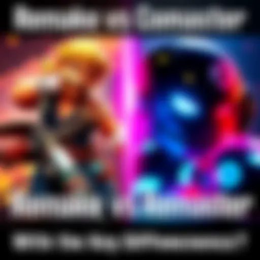 Gaming Remake vs Remaster Comparison A split image showing a classic game on one side and its modern remake on the other, highlighting the differences in graphics and design elements.