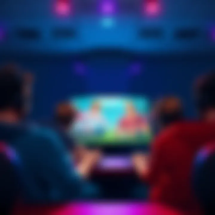 A group of players discussing a game replay on their screens with animated expressions.