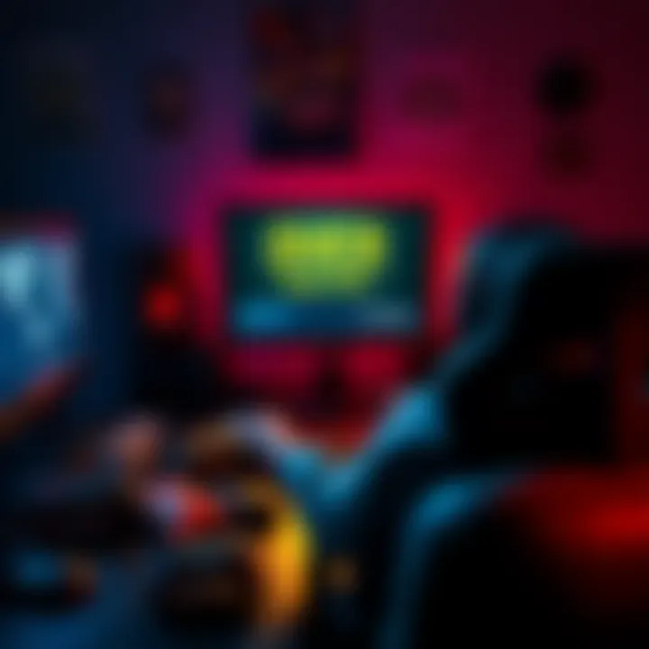 A gamer sitting at a desk, focused on a computer screen showing a game over message, surrounded by gaming controllers and snacks, depicting the struggle and determination to try again.