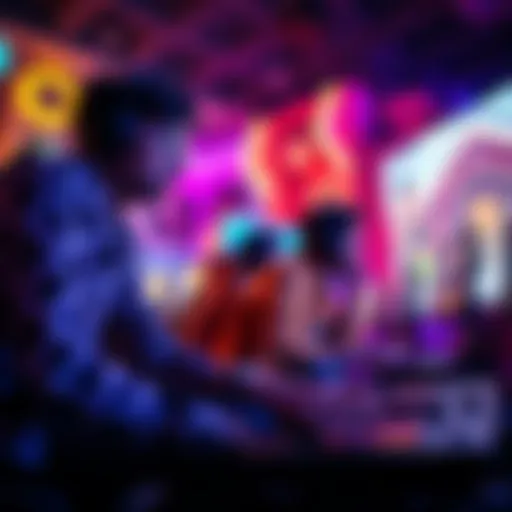 A group of friends enjoying intense gameplay in a colorful gaming setup