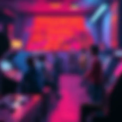 Gaming Scene with Stranger Things Theme A vibrant gaming scene featuring characters inspired by the themes of Stranger Things, set in a nostalgic 1980s arcade environment.