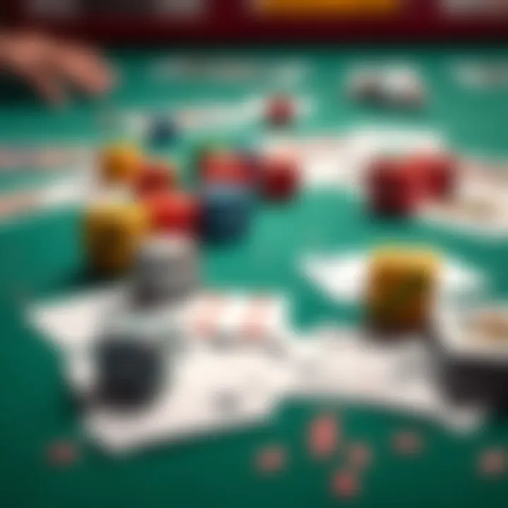 A close-up of a gaming table with colorful dice and cards scattered, showing signs of bad luck in play.