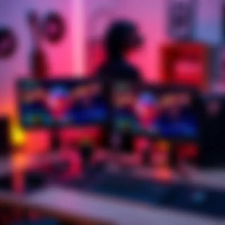 User's gaming setup with multiple monitors A well-organized gaming setup featuring dual monitors, keyboard, and colorful LED lights