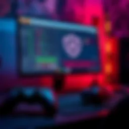 A gaming setup showcasing a computer screen displaying anti-cheat software, with a game controller and headset nearby.