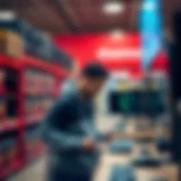 Gaming setup at Costco A shopper examining gaming equipment at Costco, considering an upgrade to their gaming setup.