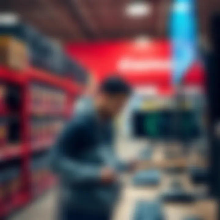 Gaming setup at Costco A shopper examining gaming equipment at Costco, considering an upgrade to their gaming setup.