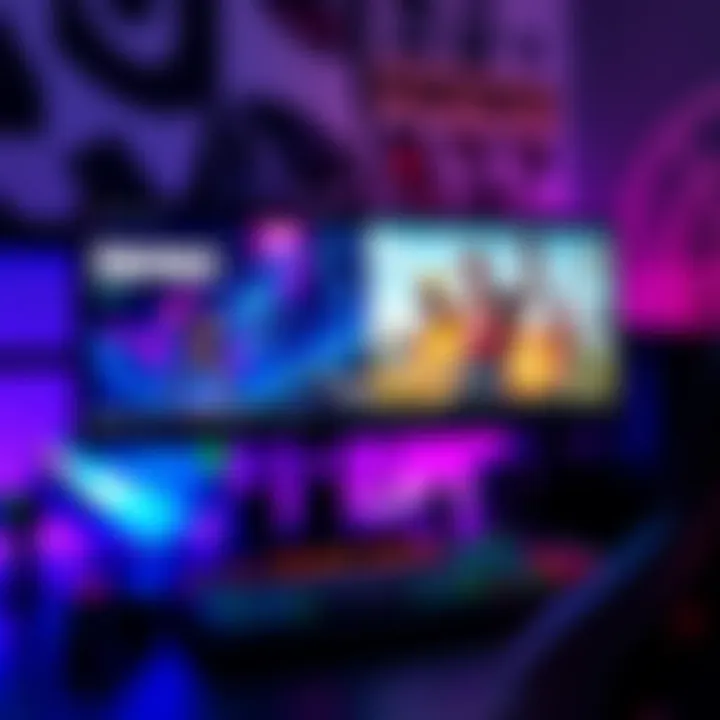 A computer screen displaying Fortnite and UEFN running side by side, showing vibrant game graphics, with gaming accessories visible