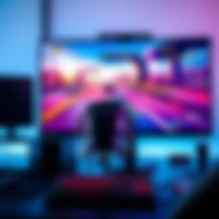 A high-end gaming setup featuring a monitor displaying a fast-paced game with high FPS, showing smooth graphics and vibrant colors.