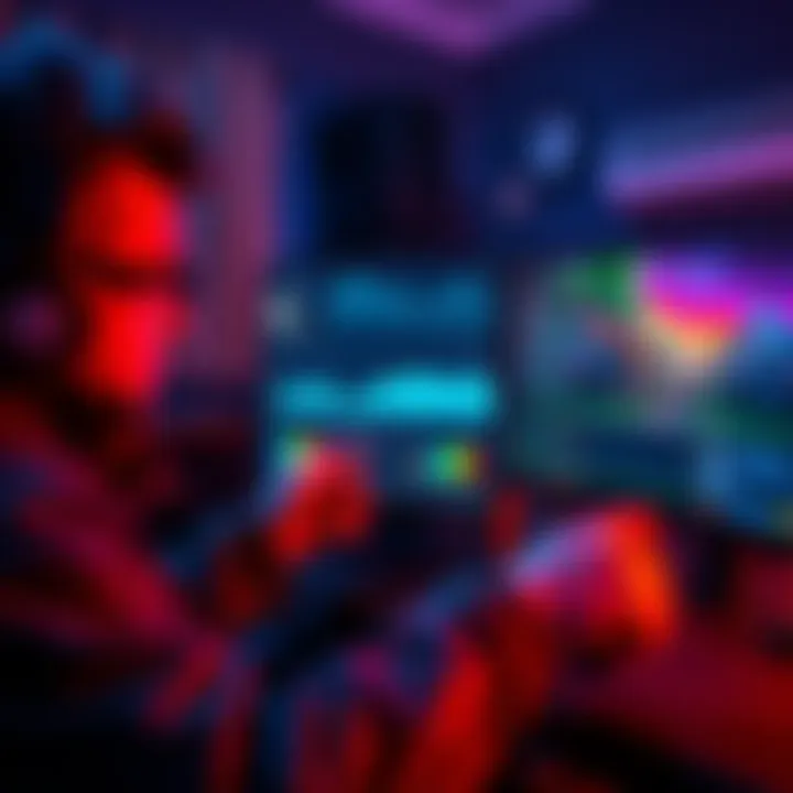 Gaming Setup with Inconsistent FPS A gamer adjusts settings on a computer while playing a game, showing fluctuating frame rates on the monitor.